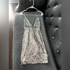 Sparkly silver birthday/new year’s dress. With nude underneath